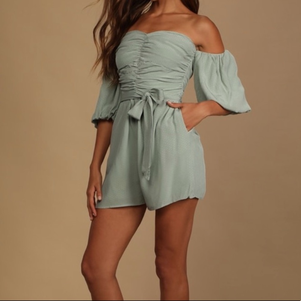 NEW Lulu’s Sage Green Ruched Off-the-shoulder Romper-XS